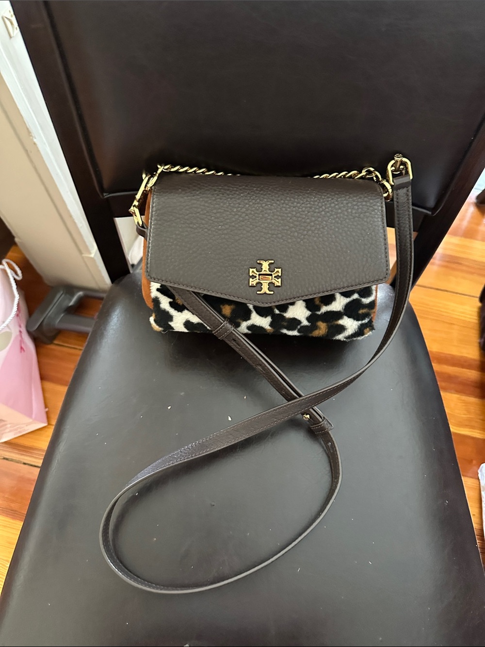 Tory Burch Brown Leather Crossbody with Leopard Print
